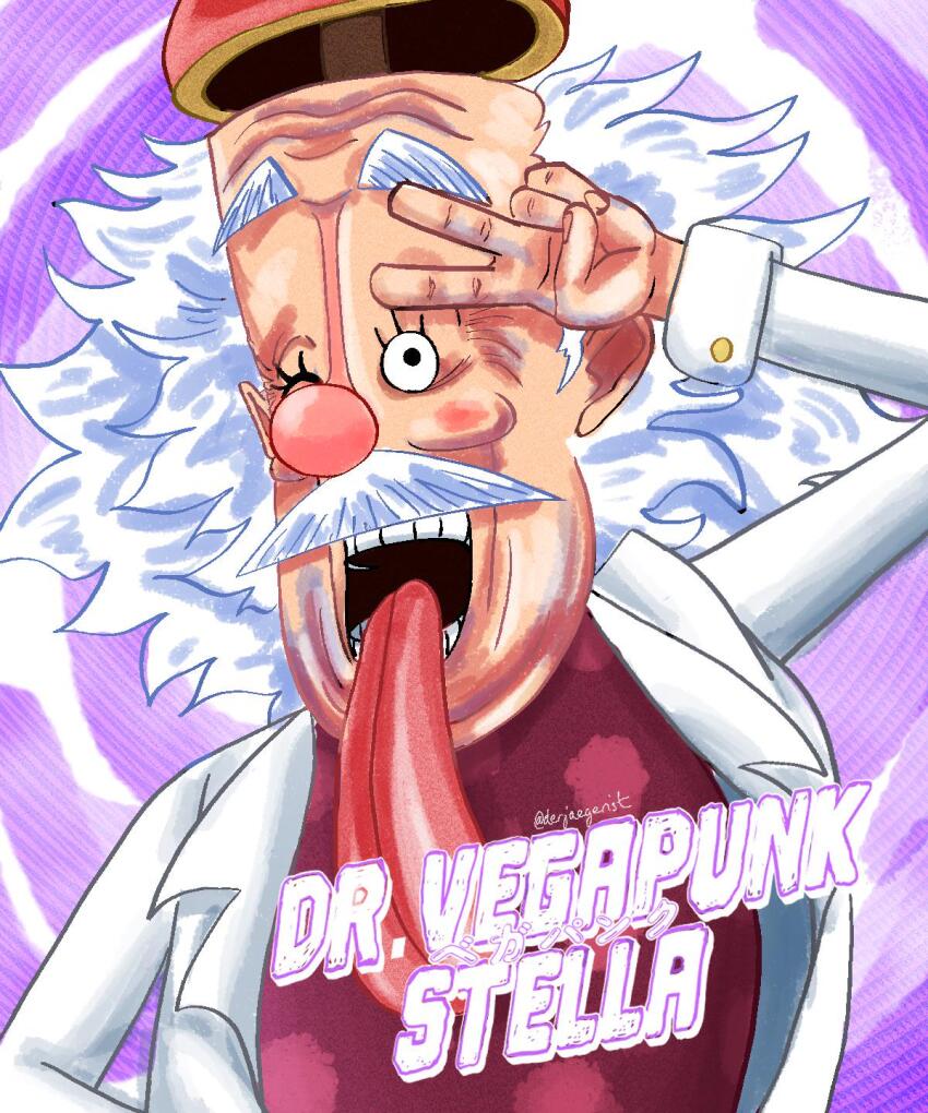 1boy artist_name black_eyes character_name coat commentary derjaegerist dr._vegapunk english_commentary facial_hair highres lab_coat long_sleeves male_focus mustache old old_man one_eye_closed one_piece open_mouth short_hair solo teeth tongue tongue_out translation_request twitter_username v white_coat white_hair