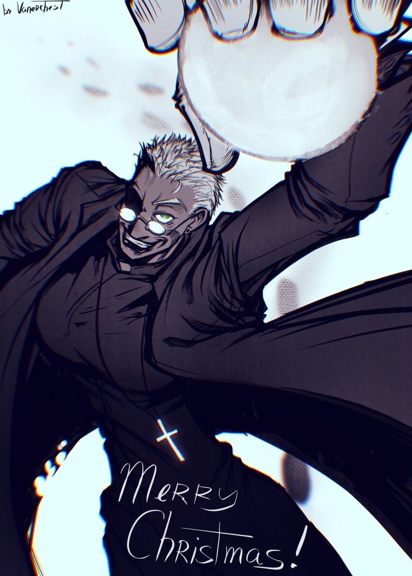 1girl alexander_anderson blonde_hair boots breasts female_focus formal_clothes genderswap genderswap_(mtf) glasses gloves green_eyes hair_over_eyes hellsing highres jacket large_breasts magic smile smirk smug solo suit threatening white_gloves white_hair