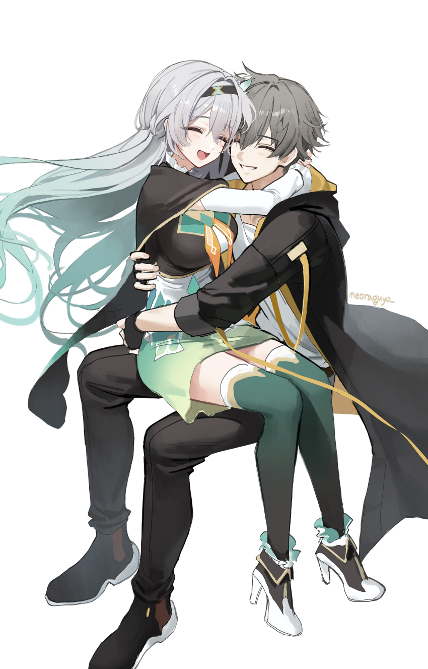absurdres aqua_skirt aqua_thighhighs black_coat black_hairband caelus_(honkai:_star_rail) coat fingerless_gloves firefly_(honkai:_star_rail) gloves grey_hair hairband highres honkai:_star_rail honkai_(series) hood hooded_coat meoyo simple_background skirt thighhighs trailblazer_(honkai:_star_rail) two-sided_coat two-sided_fabric white_background yellow_coat