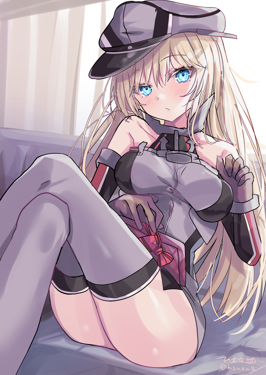 1girl absurdres anchor_choker bare_shoulders bismarck_(kancolle) blonde_hair blue_eyes blush box box_of_chocolates breasts cross curtains dated day gloves hair_between_eyes hat highres hizaka indoors iron_cross kantai_collection large_breasts long_hair looking_at_viewer military military_hat military_uniform no_pants peaked_cap sitting smile solo thighhighs twitter_username