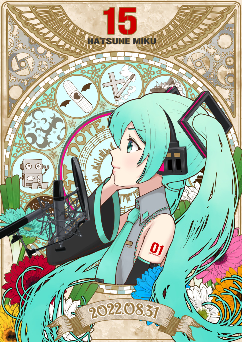 1girl anniversary annotated aqua_eyes aqua_flower aqua_hair aqua_necktie bare_shoulders black_sleeves character_name commentary dated detached_sleeves flower from_side gears graphic_equalizer grey_shirt hair_ornament hand_on_headphones hatsune_miku headphones highres kamippoina_(vocaloid) long_hair looking_up microphone mofmama necktie odds_&amp;_ends_(vocaloid) orange_flower pink_flower pop_filter red_flower rolling_girl_(vocaloid) shirt shoulder_tattoo sleeveless sleeveless_shirt solo song_request songover spring_onion tattoo twintails upper_body vampire_(vocaloid) very_long_hair vocaloid white_flower yellow_flower
