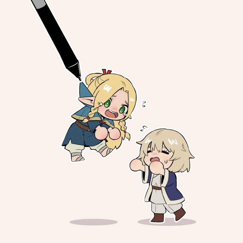 2girls belt benji_blackwolf blonde_hair blue_capelet braid bright_pupils brown_footwear capelet chibi chibi_only circle_hands closed_eyes clothes_grab dungeon_meshi elf falin_touden falin_touden_(tallman) flying_sweatdrops fourth_wall from_side full_body hair_ribbon half_updo hanging highres hood hood_grab hooded_capelet jacket long_hair marcille_donato multiple_girls open_mouth pants pointy_ears purple_jacket reaching ribbon scared shirt shoes short_hair simple_background stylus tearing_up twin_braids white_background white_pants white_pupils white_shirt