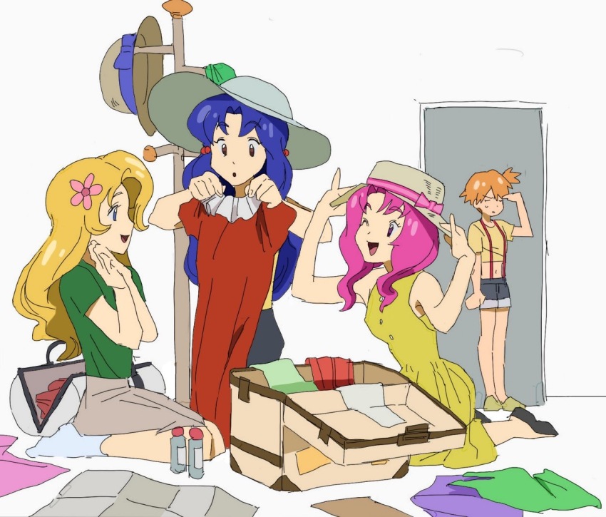4girls arms_up bare_arms blonde_hair blue_hair closed_mouth daisy_(pokemon) eyelashes green_eyes hair_tie hat lily_(pokemon) lily_(pokemon_classic_anime) long_hair misty_(pokemon) multiple_girls nashubi_(to_infinity_wow) nintendo open_mouth orange_hair pink_hair pokemon pokemon_(anime) pokemon_(classic_anime) purple_eyes shirt short_hair shorts siblings sisters sleeveless sleeveless_shirt smile suspenders violet_(pokemon) white_background yellow_shirt
