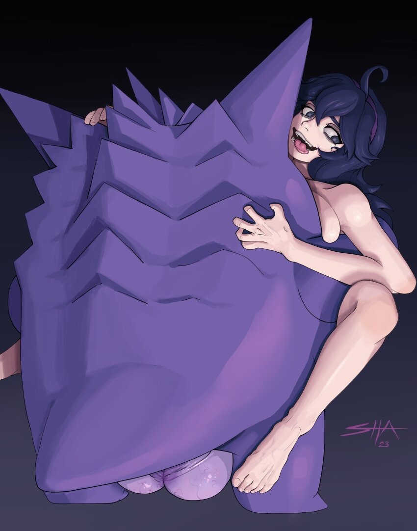 1girl absurdres barefoot breasts commentary feet gen_1_pokemon gengar happy_sex hex_maniac_(pokemon) highres interspecies looking_at_viewer medium_breasts nintendo pokemon pokemon_(creature) pokemon_xy pokephilia purple_eyes purple_hair sex shadow_hatch steam testicles tongue tongue_out veins veiny_breasts veiny_feet veiny_testicles