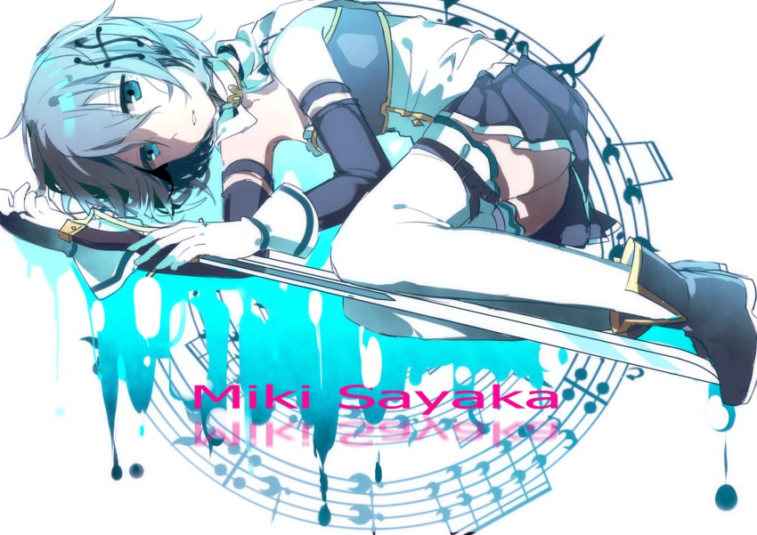 10s 1girl armband blue_hair cape character_name female_focus fortissimo gloves hair_ornament hairclip lying mahou_shoujo_madoka_magica mahou_shoujo_madoka_magica_(anime) mahou_shoujo_madoka_magica_movie_1_&amp;_2 miki_sayaka miki_sayaka_(magical_girl) musical_note musical_note_hair_ornament on_side short_hair solo musical_staff sword thighhighs weapon zettai_ryouiki zgxuke