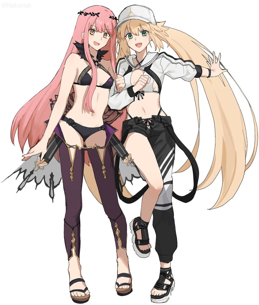 2girls artoria_caster_(fate) artoria_caster_(swimsuit_berserker)_(fate) artoria_caster_(swimsuit_berserker)_(first_ascension)_(fate) artoria_pendragon_(fate) asymmetrical_clothes baseball_cap bikini black_bikini black_pants blonde_hair breasts cleavage cnoc_na_riabh_(fate) cnoc_na_riabh_(swimsuit_foreigner)_(fate) commentary_request cropped_jacket fate/grand_order fate_(series) green_eyes hair_ornament hat highres hood hood_down hooded_jacket jacket korean_commentary locked_arms long_hair looking_at_viewer medb_(fate) medium_breasts multiple_girls navel nekwnek official_alternate_costume open_mouth pants pink_hair sandals simple_background single_pantsleg small_breasts smile stomach swimsuit toes twintails very_long_hair white_background white_bikini white_hat white_jacket yellow_eyes