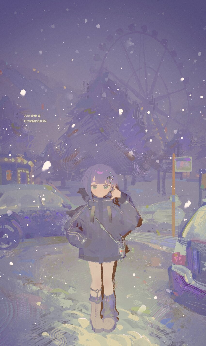 1girl absurdres amusement_park animal animal_on_shoulder bag bird bird_on_shoulder black_jacket blue_eyes boots brown_boots car closed_mouth commission earrings ferris_wheel hand_in_pocket hand_up highres jacket jewelry knee_boots legs_together long_sleeves looking_at_viewer motor_vehicle night original outdoors pill_hair_ornament purple_hair road_sign shaka_sign short_hair shoulder_bag sign single_leg_warmer snow snowing solo standing straight-on tree wide_shot yaungpeng