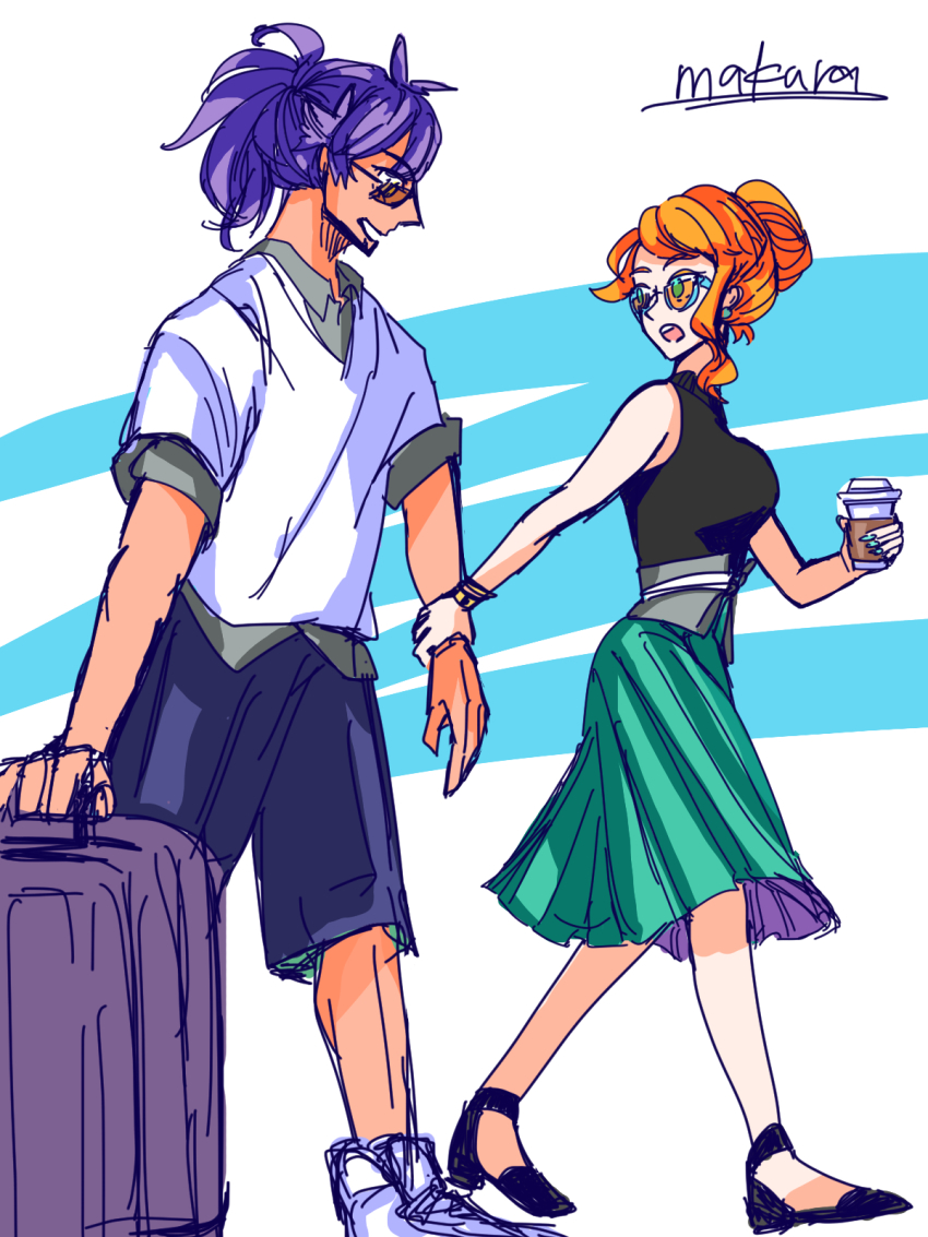 1boy 1girl alternate_costume alternate_hairstyle blue_background cup glasses highres holding holding_cup leon_(pokemon) luggage nintendo open_mouth pokemon pokemon_swsh shirt simple_background sonia_(pokemon) teeth two-tone_background upper_teeth_only white_background white_shirt