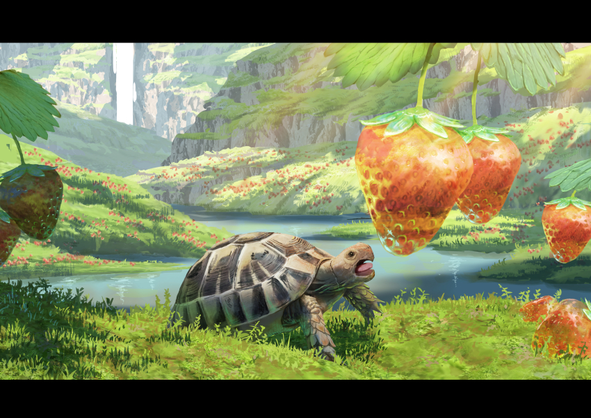 absurdres animal animal_focus day food fruit grass highres original outdoors river scenery strawberry sumassha_t_t tortoise turtle water
