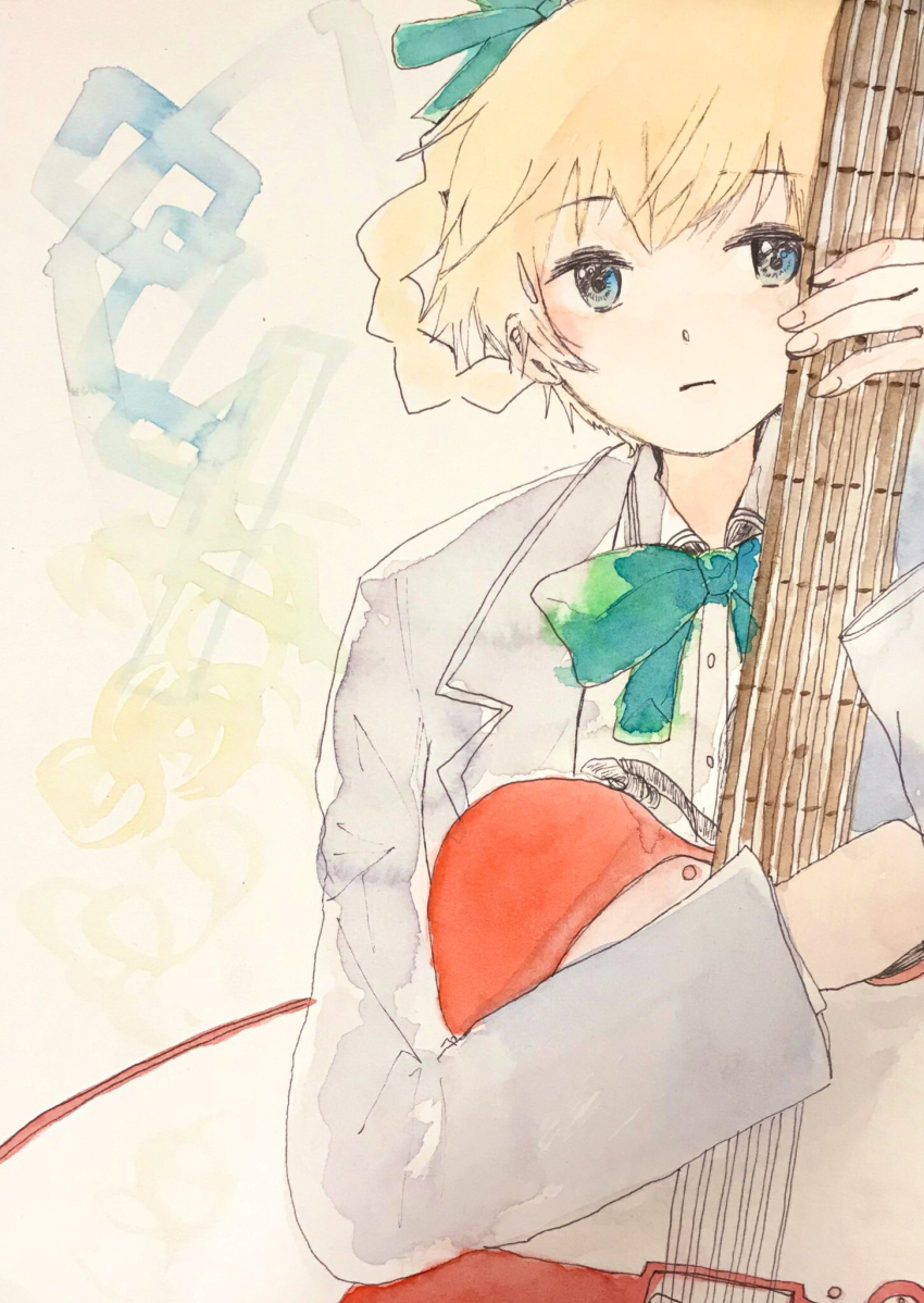 1girl aqua_bow aqua_bowtie aqua_ribbon blonde_hair blue_eyes bow bowtie braid braided_hair_rings collared_shirt commentary dress_shirt electric_guitar english_commentary expressionless fender_telecaster gradient_eyes grey_eyes grey_jacket guitar hair_ribbon hair_rings highres holding holding_guitar holding_instrument instrument jacket long_hair long_sleeves looking_at_viewer marker_(medium) mixed-language_commentary multicolored_eyes open_clothes open_jacket painting_(medium) ribbon sarishi_no_hara_(vocaloid) shirt solo suit_jacket swept_bangs tama_b_moon traditional_media upper_body watercolor_(medium) white_shirt