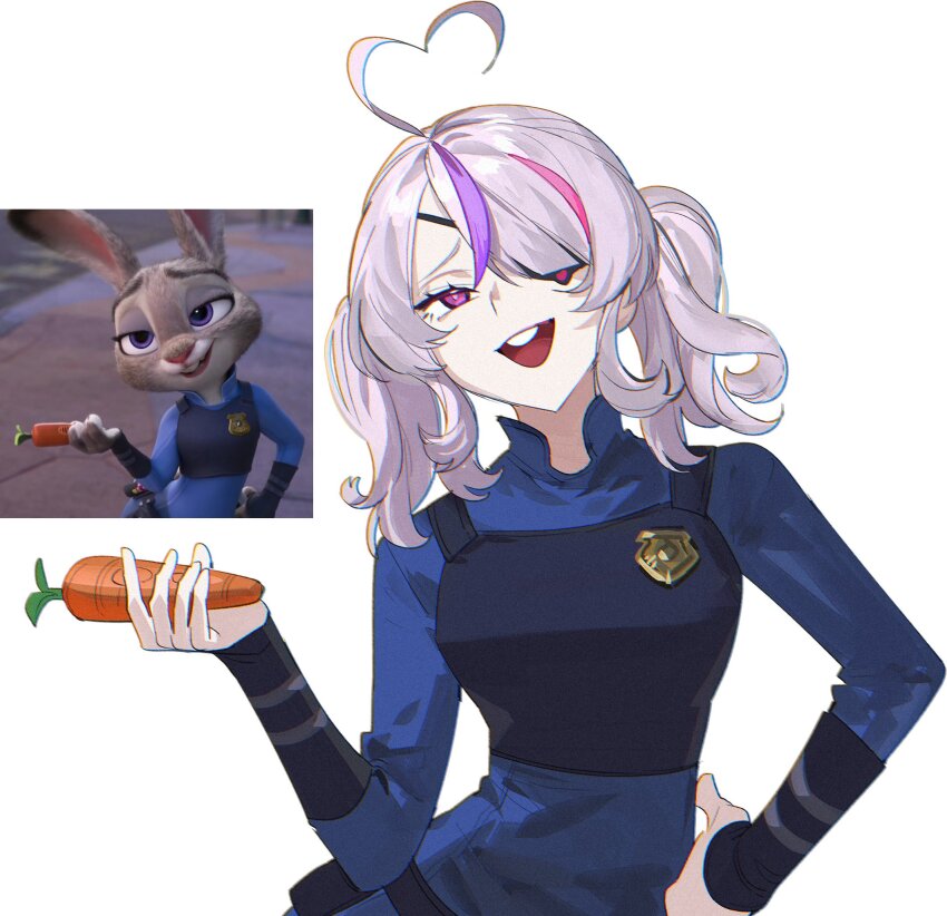 2girls :d ahoge breasts carrot chromatic_aberration cosplay eyepatch hand_on_own_hip heart heart_ahoge highres holding holding_carrot judy_hopps judy_hopps_(cosplay) kaohom503 looking_at_viewer maria_marionette medium_hair multicolored_hair multiple_girls nijisanji nijisanji_en open_mouth police_badge reference_inset short_twintails simple_background small_breasts smile smug streaked_hair twintails virtual_youtuber white_background zootopia