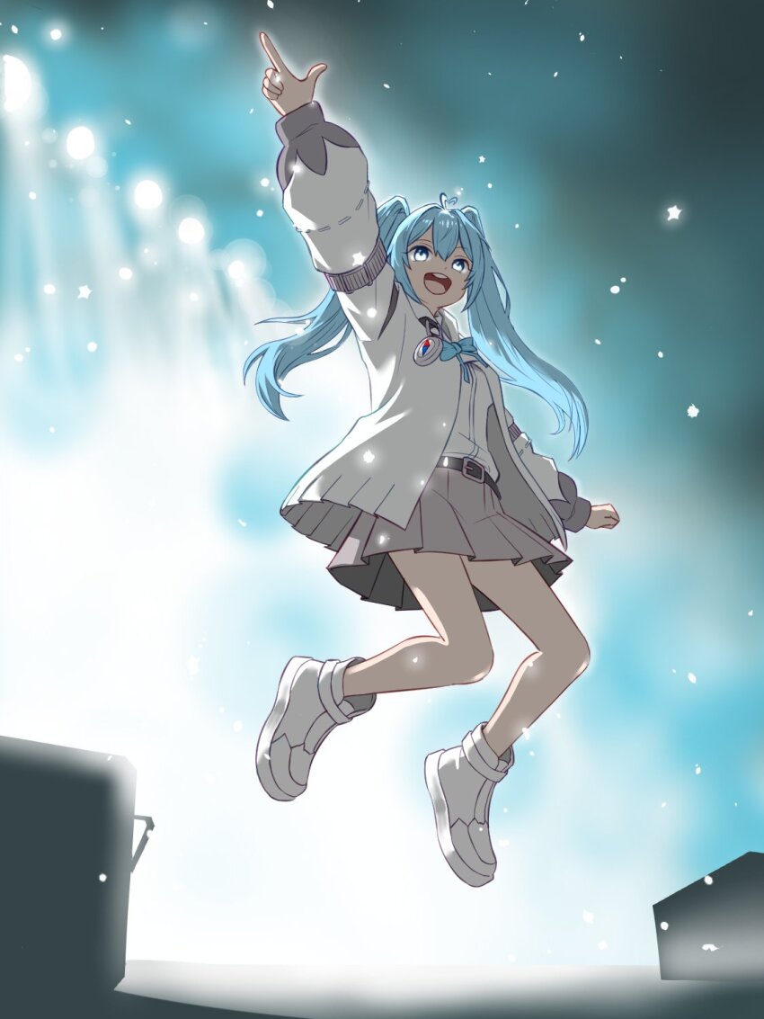 1girl ahoge arahashi_tabi arm_at_side arm_up belt belt_buckle black_belt blue_bow blue_bowtie blue_hair bow bowtie buckle chikoyzh coat commentary from_below full_body grey_skirt heart heart_ahoge highres jumping l_hand long_hair long_sleeves miniskirt open_clothes open_coat open_mouth pleated_skirt shirt shirt_tucked_in shoes skirt smile sneakers solo stellive symbol-only_commentary twintails virtual_youtuber white_coat white_shirt white_shoes