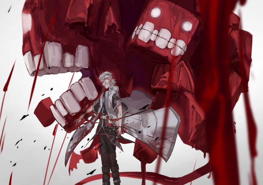 1boy absurdres alchemy_stars bad_id bad_pixiv_id bandaged_head bandages belt bleeding blood blood_on_arm blood_on_clothes blood_on_face bloody_weapon blue_eyes closed_mouth coat cross cross_earrings cube da_mei dripping earrings fingernails gradient_background grey_background grey_coat grey_hair highres holding holding_weapon injury jewelry long_fingernails male_focus monster nail_(hardware) nails_(alchemy_stars) no_pupils open_clothes open_coat open_mouth pointy_ears self-harm sharp_fingernails standing teeth weapon white_eyes wide_sleeves wings