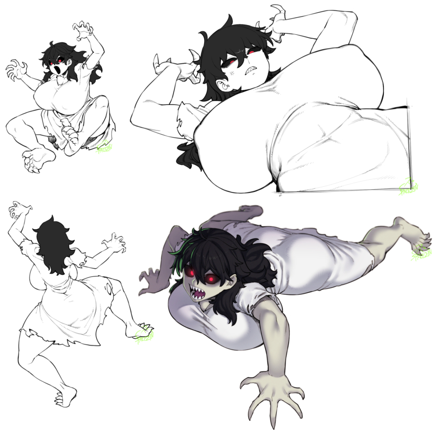 1girl barefoot black_hair black_sclera breasts colored_sclera colored_skin commentary covered_erect_nipples dress english_commentary full_body grey_skin hair_between_eyes highres huge_breasts long_bangs long_hair looking_at_viewer messy_hair multiple_views open_mouth red_eyes sharp_teeth sharp_toenails simple_background soles spacezin teeth terraria the_possessed_(terraria) toenails torn_clothes torn_dress upper_body white_background white_dress