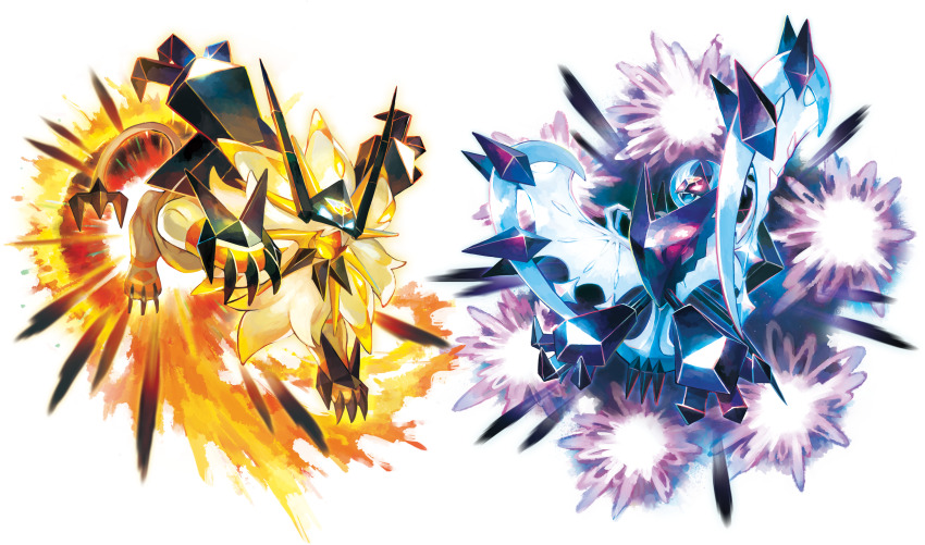 absurdres animal artist_request bat_(animal) blue_eyes claws energy fangs gen_7_pokemon glowing glowing_eyes highres legendary_pokemon lion mane necrozma necrozma_(dawn_wings) necrozma_(dusk_mane) nintendo no_humans official_art pokemon pokemon_(creature) pokemon_focus prism red_eyes tail talons transparent_background wings z-move