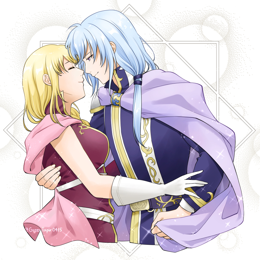 1boy 1girl absurdres artist_name blonde_hair blue_hair cape closed_eyes closed_mouth commentary_request couple fire_emblem fire_emblem:_the_blazing_blade gloves hetero highres long_hair louise_(fire_emblem) midori_no_baku nintendo pent_(fire_emblem) purple_cape purple_eyes smile upper_body white_background white_gloves