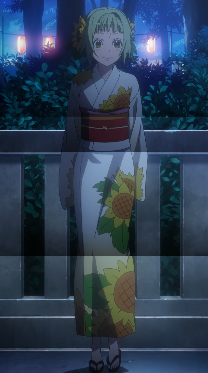 1girl absurdres amanchu! closed_mouth dot_nose flower green_hair hair_flower hair_ornament hanging_lantern highres japanese_clothes kimono kohinata_hikari medium_hair night sandals smile standing stitched sunflower sunflower_hair_ornament third-party_edit tree yellow_eyes yukata