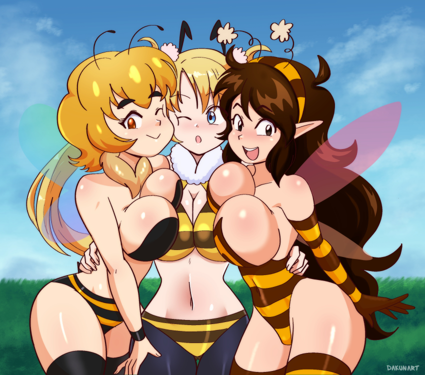 3girls antennae arm_around_waist arthropod_girl bee_girl bee_wings black_bra black_pantyhose black_thighhighs blonde_hair blue_eyes blush borrowed_character bra breast_press breasts brown_eyes brown_gloves brown_hair bug_girl bush cleavage cleavage_cutout clothing_cutout cloud collarbone dakunart fur_collar gloves hairband highres insect_girl insect_wings large_breasts leotard long_hair looking_at_viewer mely midriff multiple_girls navel one_eye_closed open_mouth panties pantyhose shirt short_hair sky smile standing stinger striped_clothes striped_gloves striped_leotard striped_panties striped_shirt susie_(susiehatter) teeth thighhighs underwear wings wink yellow_leotard yellow_panties yellow_shirt yellow_thighhighs