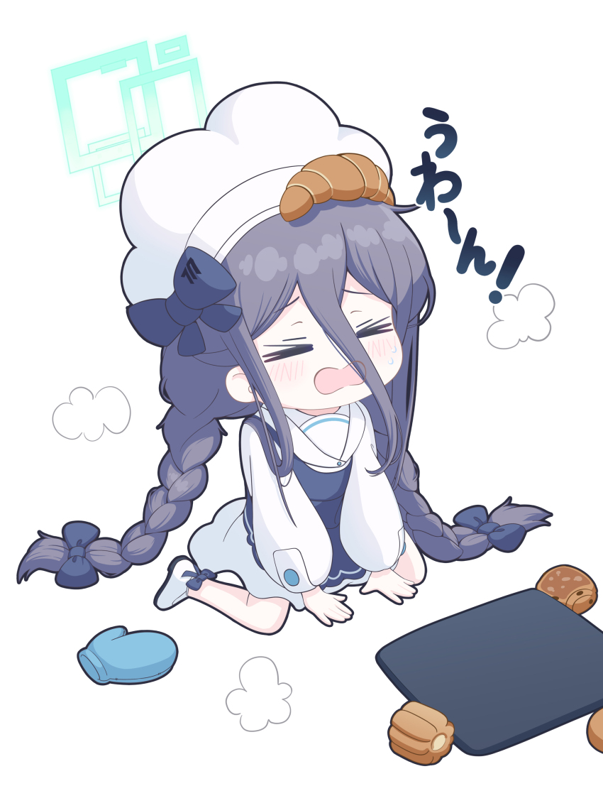 1girl absurdres alternate_costume alternate_hairstyle aqua_halo aris_(blue_archive) baguette blue_archive blue_eyes bow braid bread chef_hat chibi chibi_only closed_eyes commentary_request crying dress food food_on_head full_body hair_between_eyes halo hancho hat hat_bow highres long_hair long_hair_between_eyes object_on_head open_mouth shoes simple_background solo translation_request twin_braids white_background white_dress white_hat white_shoes