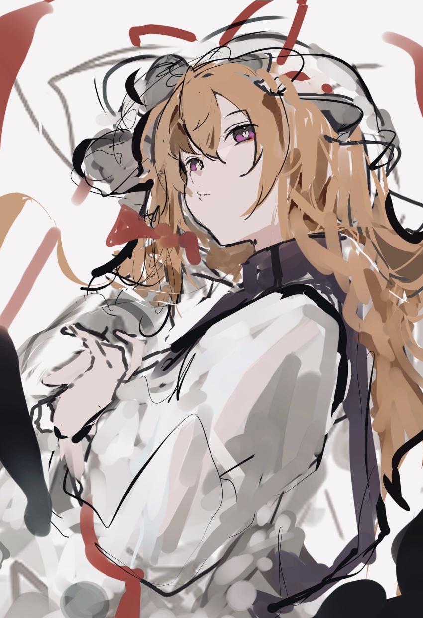 1girl blonde_hair bow cheek_squash collared_dress dress frilled_hat frills hair_between_eyes hair_bow hair_ribbon hand_on_own_face hat highres long_hair long_sleeves mob_cap po_(anhk5528) purple_eyes purple_tabard red_bow red_ribbon ribbon solo tabard touhou very_long_hair white_dress white_hat yakumo_yukari