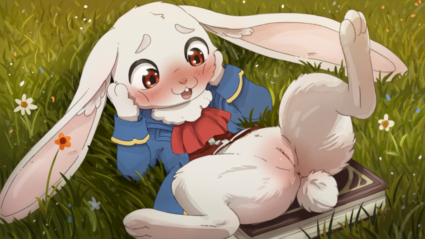 1girl animal_sexualization anus blush book bottomless cleft_of_venus emul_(shangri-la_frontier) female_focus flower furry furry_female grass lying on_back open_mouth outdoors presenting presenting_pussy pussy rabbit rabbit_ears rabbit_girl rabbit_tail sadieyule shangri-la_frontier solo spread_legs uncensored