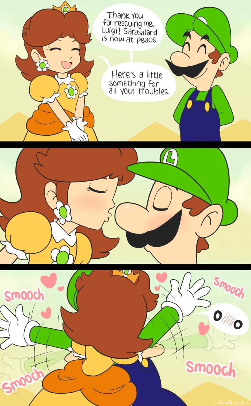 1boy 1girl 3koma assertive_female blush brown_hair comic crown domestic_maid facial_hair gloves hat heart highres hug kiss luigi mario_(series) mustache nintendo overalls princess princess_daisy puckered_lips pyramid_(structure) shirt smile surprise_kiss surprised thank_you waving_arms