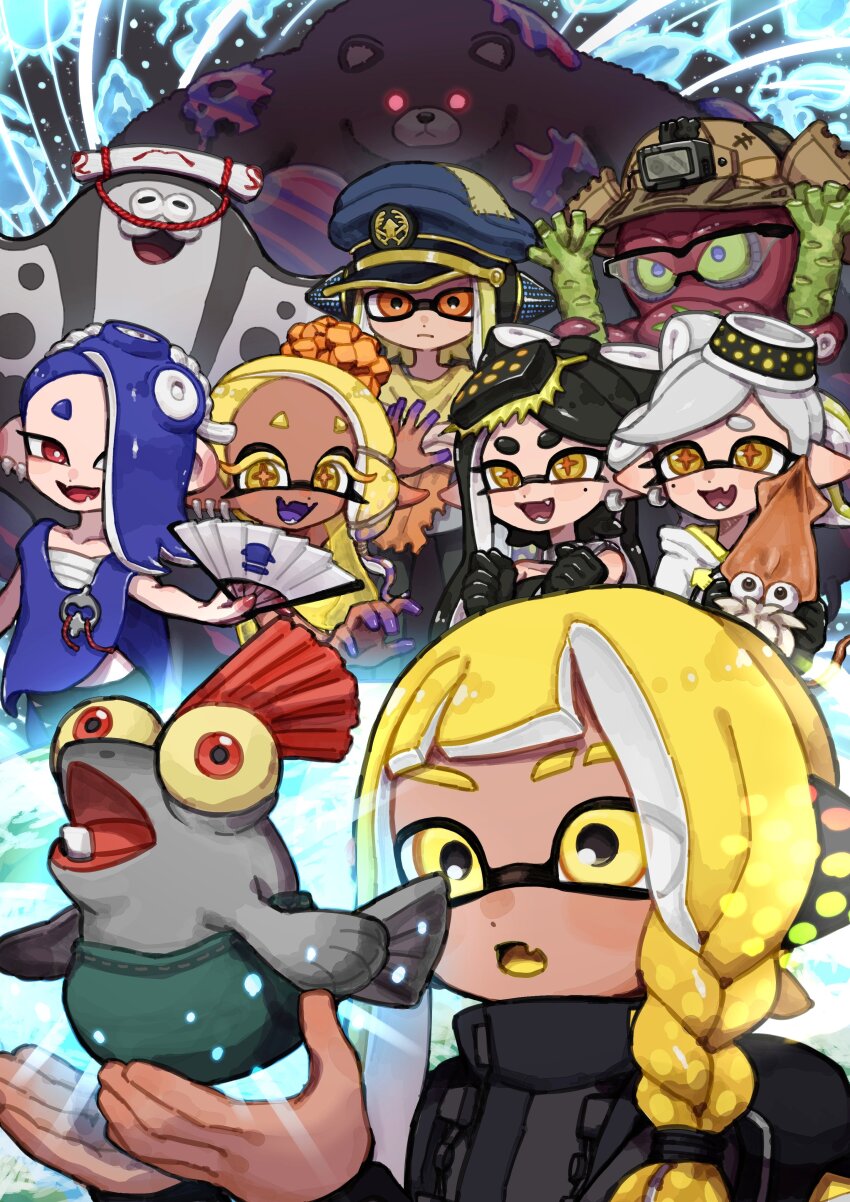 1boy 6+girls absurdres agent_3_(splatoon) agent_3_(splatoon_3) animal behind-the-head_headphones big_man_(splatoon) black_gloves black_hair black_jacket blonde_hair blue_hair blue_hat blue_shawl bluerosamarinus bow-shaped_hair braid callie_(splatoon) cap&#039;n_cuttlefish chest_sarashi coat colored_extremities colored_eyelashes colored_tongue commentary_request creature cross-shaped_pupils dark-skinned_female dark_skin dj_octavio earrings eyebrow_cut fang frye_(splatoon) gloves green_hair grey_hair hair_over_one_eye hand_fan hat headphones highres holding holding_animal holding_creature holding_fan inkling jacket jewelry long_eyelashes long_hair long_sleeves marie_(splatoon) medium_hair mole mole_under_eye mr._grizz_(splatoon) multicolored_hair multiple_earrings multiple_girls nintendo octoling one_eye_covered open_mouth orange_eyes peaked_cap pointy_ears red_eyes salmonid sarashi shawl shiver_(splatoon) single_braid skin_fang smallfry_(splatoon) splatoon_(series) splatoon_3 swept_bangs symbol-shaped_pupils tentacle_hair tooth_earrings white_coat yellow_eyes yellow_shawl yellow_tongue