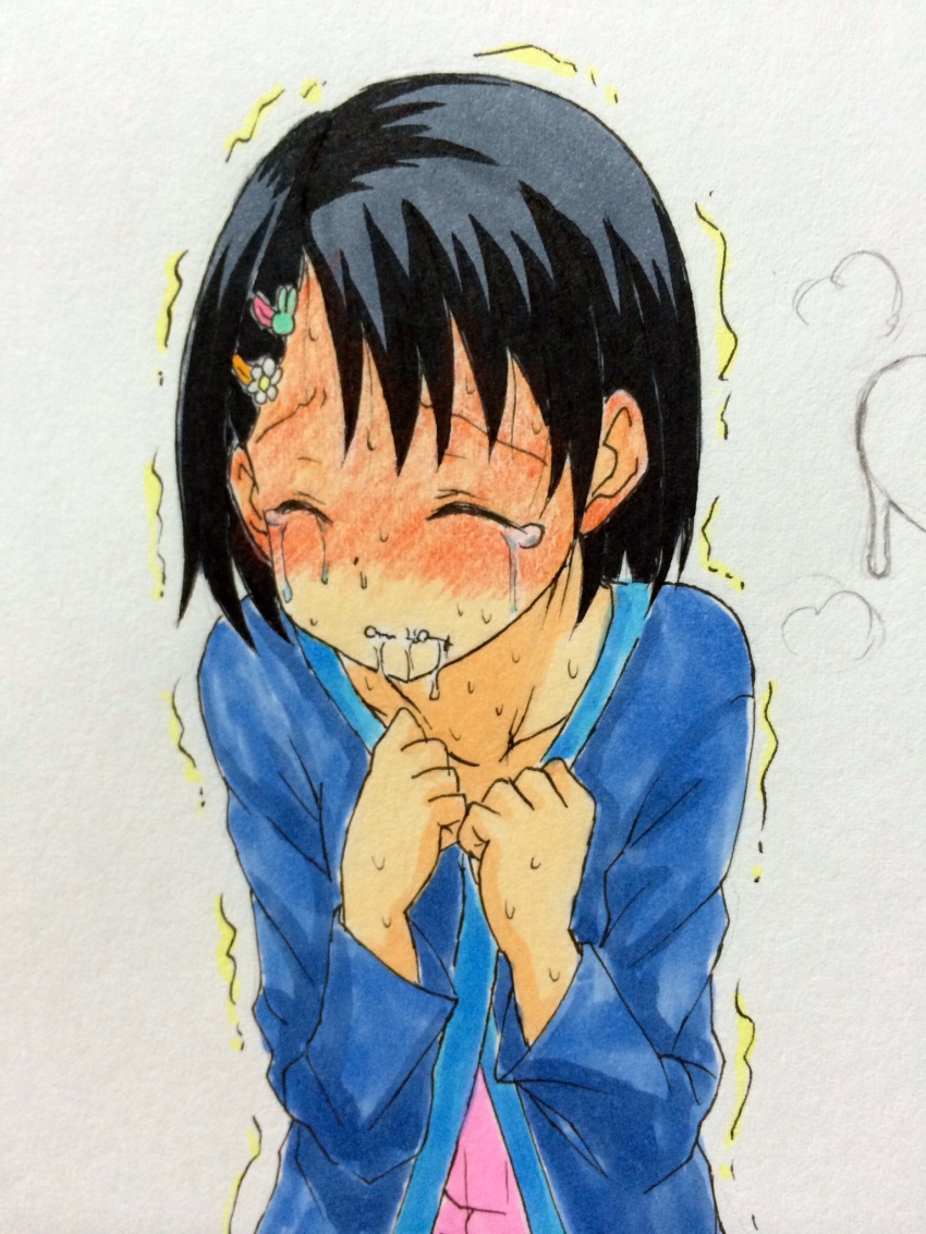 10s 1girl black_hair blush closed_eyes cum cum_in_mouth cumdrip female_focus fujioka_(azunxan) gradient_background hair_ornament hairclip highres idolmaster idolmaster_cinderella_girls sasaki_chie short_hair solo sweat tears trembling