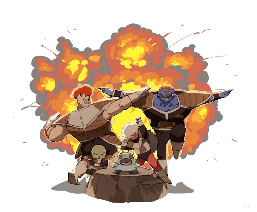 5boys alien alternate_form arm_up blue_skin burter captain_ginyu chibi clenched_hand collarbone colored_skin dragon_ball dragonball_z emblem explosion extra_eyes frog from_behind ginyu_force ginyu_force_pose green_skin guldo highres jeice leg_up long_hair looking_at_another multiple_boys nikudoku outstretched_arms raised_fist recoome red_hair red_skin saiyan_armor scouter short_hair simple_background smirk white_background white_hair