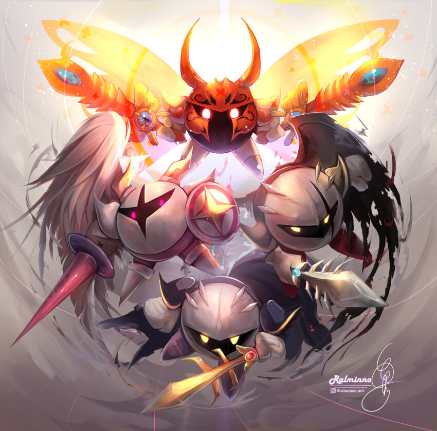 armor butterfly_wings cape dark_meta_knight dual_wielding feathers galacta_knight galaxia_(sword) gloves glowing glowing_eyes highres holding holding_polearm holding_sword holding_weapon horns insect_wings kirby_(series) lance mask meta_knight morpho_knight nintendo pauldrons polearm ralminno shield shoulder_armor sword torn_wings weapon white_gloves wings yellow_eyes