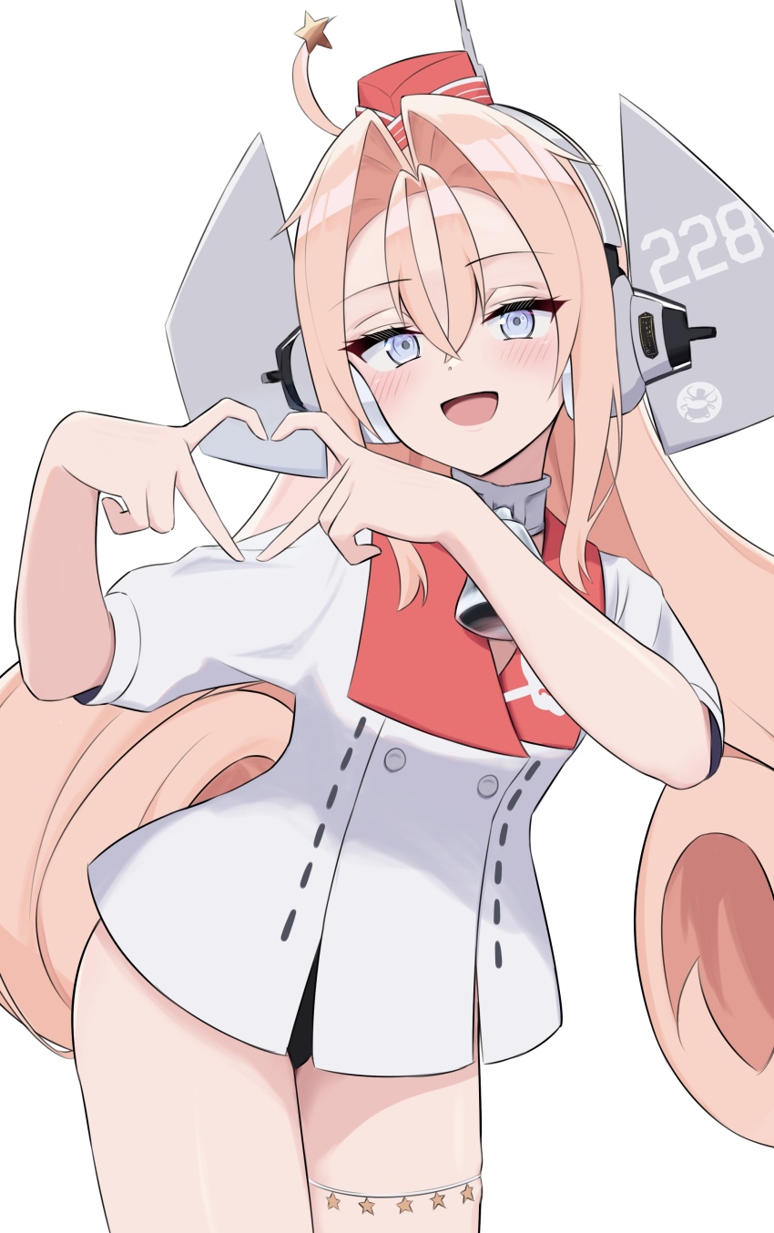 1girl absurdres bell black_one-piece_swimsuit coat collar commentary_request drum_(kancolle) four-finger_heart_hands garrison_cap grey_eyes hair_ornament hair_rings hat headgear heart heart_hands highres kantai_collection l_meet long_hair metal_collar neck_bell one-piece_swimsuit pink_hair red_hat simple_background skull_print smile solo star_(symbol) star_hair_ornament swimsuit swimsuit_under_clothes very_long_hair white_background white_coat