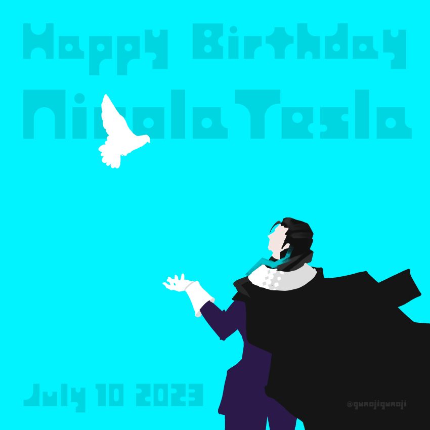 1boy absurdres aqua_background bird black_hair blue_hair cape character_name cowboy_shot dated fate/grand_order fate_(series) gloves gradient_hair gunojigunoji hair_slicked_back happy_birthday highres long_hair long_sleeves male_focus multicolored_hair nikola_tesla_(fate) pigeon simple_background solo white_gloves