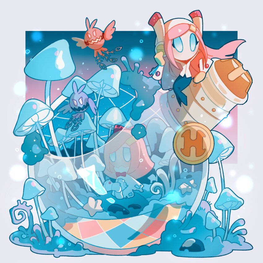 absurdres blue_eyes blue_skirt blush bow bowtie doomer_(kirby) dress flask floating_hair flying giant_mushroom glef_life gloves gradient_sky hair_bow highres in_flask kirby:_planet_robobot kirby_(series) light_particles long_hair long_skirt looking_to_the_side mold mushroom night night_sky nintendo no_humans parted_bangs pencil_skirt pink_hair red_bow red_bowtie rock sidelocks simple_background sitting skirt sky sphere_doomer star_(symbol) susie_(kirby) swept_bangs torn_clothes torn_dress white_background white_dress white_gloves wrist_cuffs yellow_gloves