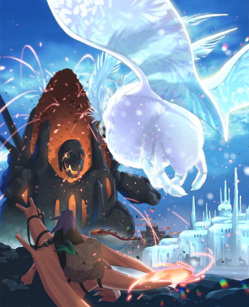 1boy bag black_cape black_gloves brown_bag building cape charizard coalossal commentary_request fire flag flame-tipped_tail frosmoth gen_1_pokemon gen_8_pokemon giant gloves highres holding korean_commentary leon_(pokemon) long_hair male_focus mikripkm nintendo outdoors pokemon pokemon_(creature) pokemon_swsh purple_hair riding riding_pokemon tail white_fur