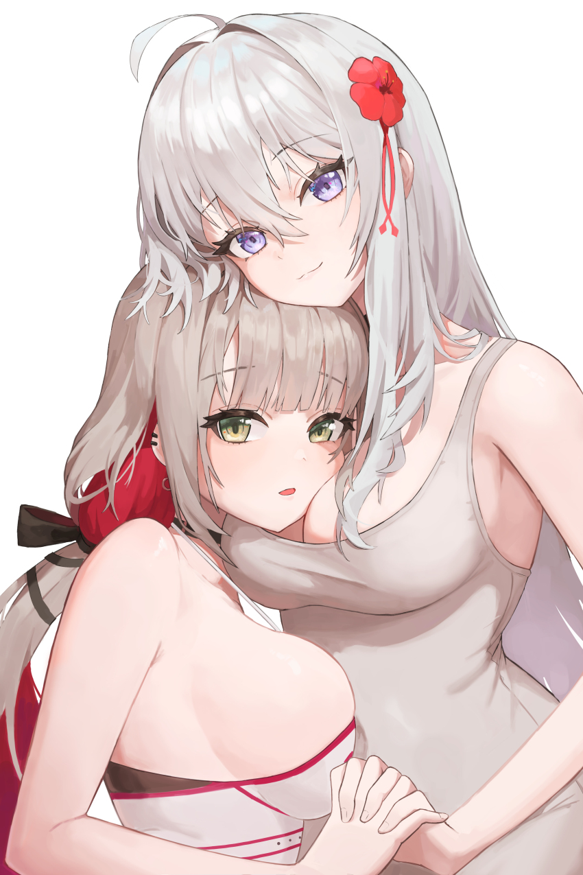 2girls :3 absurdres ahoge black_choker black_ribbon blunt_bangs blush breasts brown_hair choker closed_mouth colored_inner_hair commentary commission couple cowboy_shot dress ear_piercing english_commentary eyelashes flower green_eyes grey_dress grey_hair hair_between_eyes hair_flower hair_intakes hair_ornament hair_over_shoulder hair_ribbon highres holding_hands hug interlocked_fingers juice_gukbap large_breasts long_hair looking_at_viewer low_ponytail multicolored_hair multiple_girls open_mouth original piercing ponytail purple_eyes red_flower red_hair ribbon sideboob sidelocks simple_background sleeveless sleeveless_dress smile split_mouth strapless strapless_dress two-tone_hair upper_body very_long_hair white_background white_dress yuri