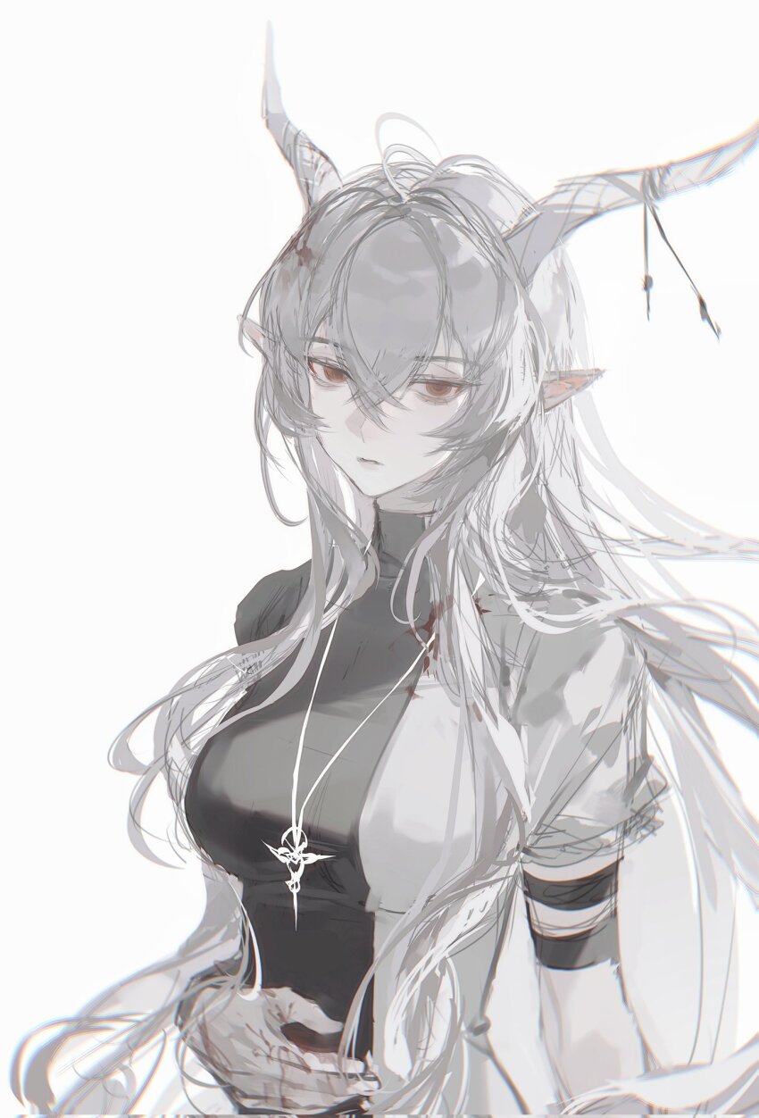1girl ahoge alternate_costume arknights armband asymmetrical_dress blood breasts chunbuchou collared_dress dress expressionless greyscale hair_between_eyes highres horns injury jewelry large_breasts long_hair looking_at_viewer monochrome necklace parted_lips pointy_ears red_eyes shining_(arknights) short_sleeves sidelocks simple_background spot_color two-tone_dress very_long_hair