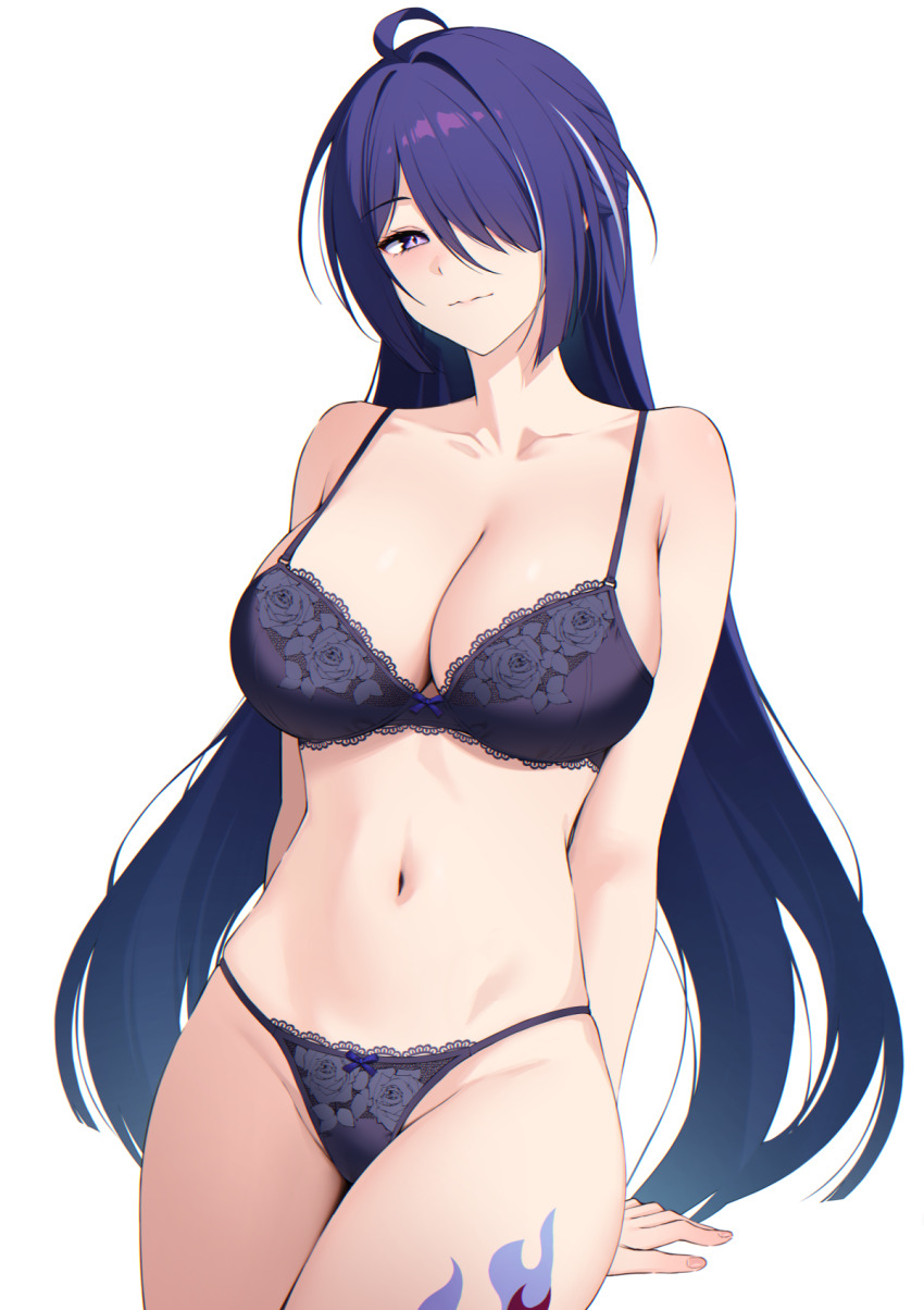 1girl acheron_(honkai:_star_rail) ahoge bare_arms bare_shoulders black_bra black_panties bra breasts collarbone commentary cowboy_shot groin highres honkai:_star_rail honkai_(series) large_breasts leg_tattoo lingerie long_hair looking_at_viewer md5_mismatch navel panties purple_eyes purple_hair revision simple_background solo stomach tattoo thighs underwear underwear_only very_long_hair white_background ziroqon