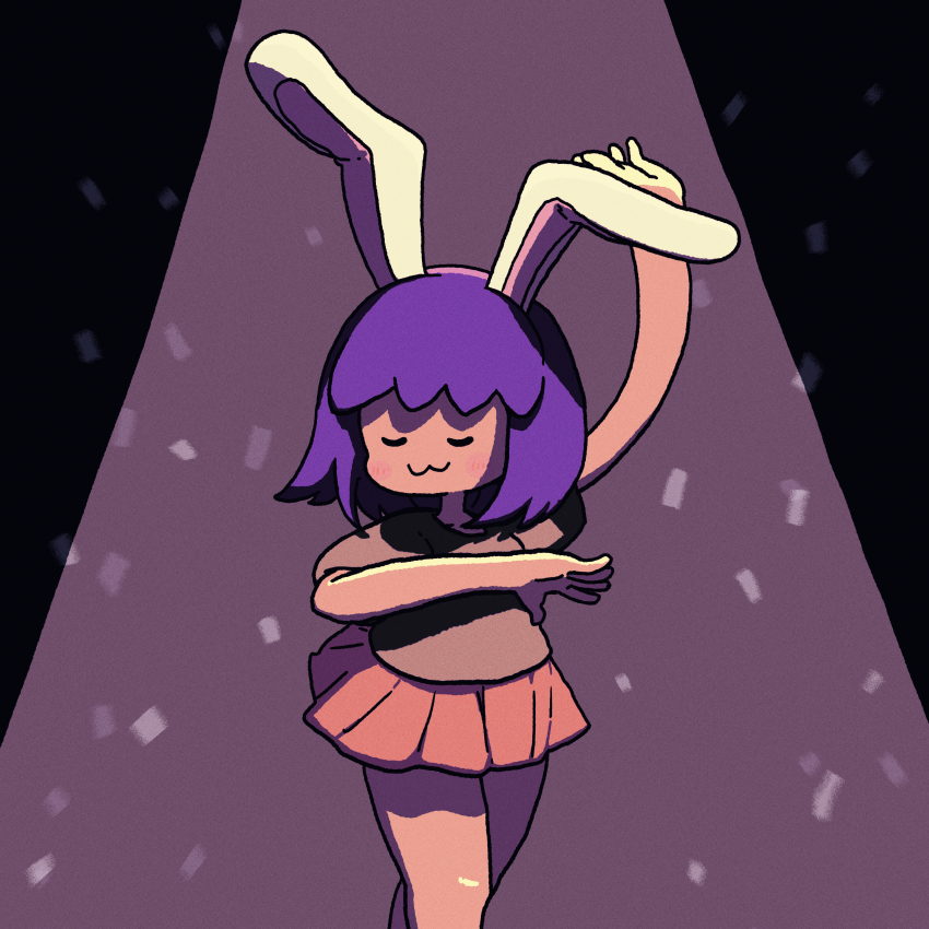 1girl :3 absurdres animal_ears arm_up audience blush closed_eyes closed_mouth commentary_request cookie_(touhou) cowboy_shot fake_hisui_(cookie) grey_shirt highres muimui_(4242564muimui) pink_skirt pleated_skirt purple_hair rabbit_ears rabbit_girl reisen_udongein_inaba shirt short_hair short_sleeves skirt smile solo spotlight touhou