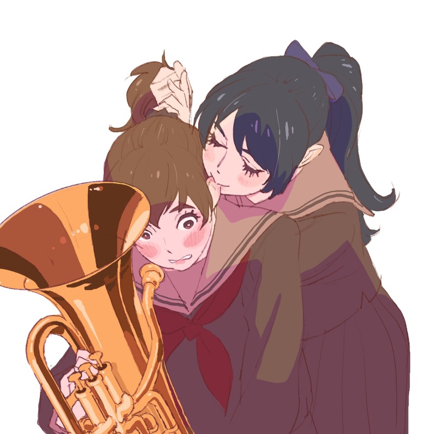 2girls 55bata6rou behind_another biting biting_ear black_hair blush brown_eyes brown_hair brown_serafuku brown_shirt brown_skirt closed_eyes euphonium hair_lift hibike!_euphonium highres holding_another&#039;s_hair instrument kitauji_high_school_uniform kousaka_reina long_hair long_sleeves multiple_girls neckerchief oumae_kumiko pleated_skirt ponytail red_neckerchief sailor_collar school_uniform serafuku shirt short_hair simple_background skirt smile surprised white_background wide-eyed yuri