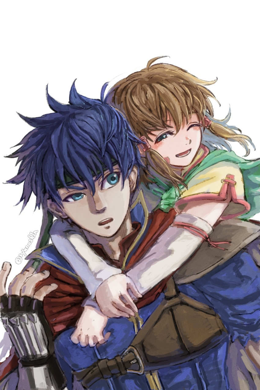 1boy 1girl blue_eyes brother_and_sister brown_hair fire_emblem fire_emblem:_path_of_radiance green_headband hair_tubes headband highres ike_(fire_emblem) liu_(naiqin) looking_at_another mist_(fire_emblem) nintendo siblings