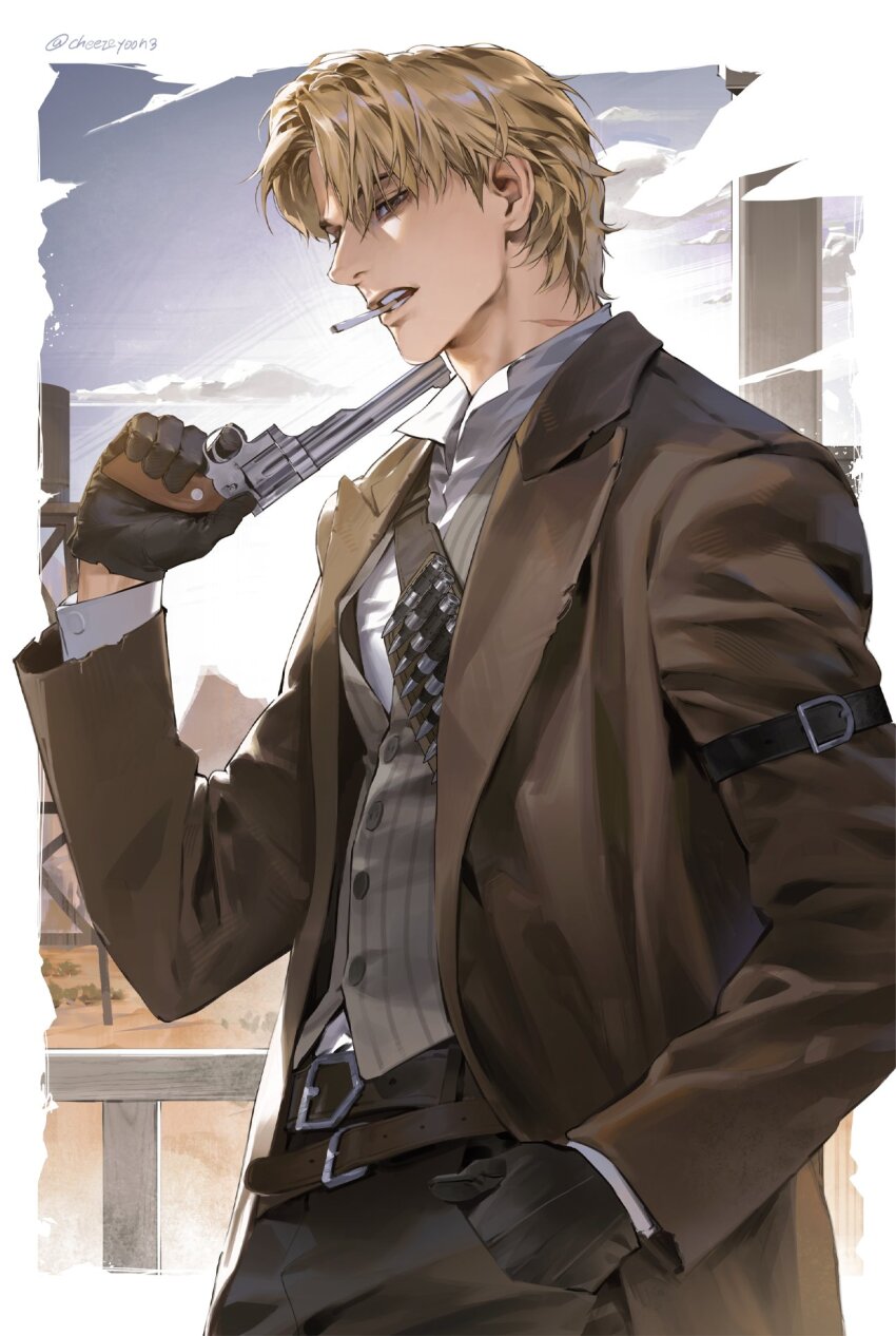 1boy ammunition_belt arm_belt belt blonde_hair brown_belt brown_gloves brown_jacket brown_pants brown_vest cheezeyoon3 cowboy_shot eyes_visible_through_hair gloves green_eyes gun hair_over_one_eye handgun highres holding holding_gun holding_weapon jacket looking_at_viewer male_focus nose open_mouth original pants parted_bangs profile revolver scar scar_on_neck shirt short_hair solo teeth unlit_cigarette_in_mouth vest weapon white_shirt