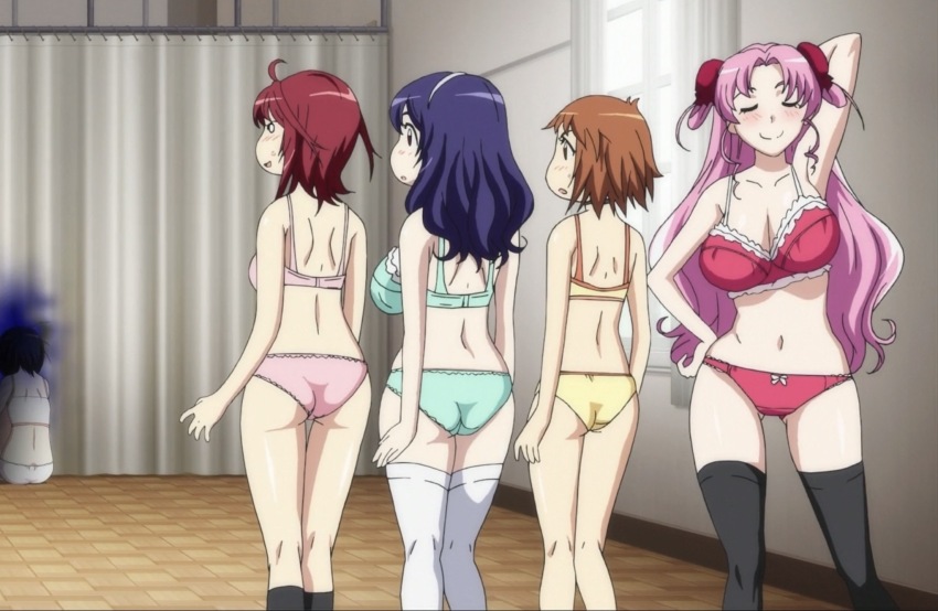 5girls arm_behind_head armpits ass blush bra breasts brown_hair cleavage closed_eyes hand_on_own_hip highres katsuragi_hana large_breasts legs long_hair mitarai_fumika model_pose multiple_girls navel o_o open_mouth oribe_mafuyu panties pink_hair purple_hair red_hair seikon_no_qwaser short_hair sideboob sitting smile stitched thighs third-party_edit tongue tsujidou_miyuri turn_pale twintails underwear uno_makoto white_eyes yamanobe_tomo