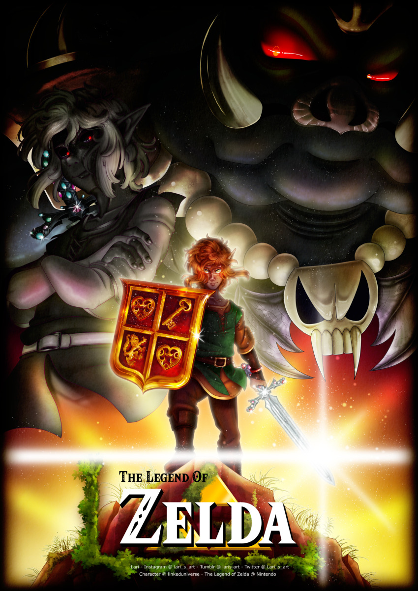 3boys absurdres belt brown_hair clone crossed_arms demon dual_persona elf ganon glowing hat highres jewelry link magical_sword multiple_boys necklace nintendo pig pointy_ears red_eyes shadow_link shield skull spikes sword the_legend_of_zelda the_legend_of_zelda_(nes) title triforce tunic weapon white_hair zelda_ii:_the_adventure_of_link