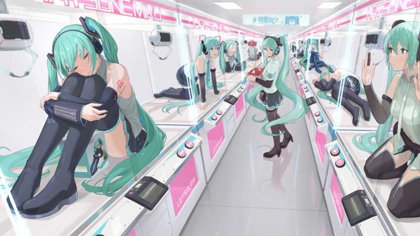 6+girls absurdres against_glass ahoge all_fours aqua_armband aqua_eyes aqua_hair aqua_nails aqua_necktie arm_tattoo armband basket black_footwear black_skirt blush blush_stickers boots ceiling_light center_opening character_name commentary crane_game detached_sleeves drill_hair foreshortening hachune_miku hand_on_glass hatsune_miku hatsune_miku_(append) hatsune_miku_(if) headphones headset highres holding holding_basket hugging_own_legs in_crane_game indoors kasane_teto kasane_teto_(sv) kneeling long_hair looking_at_another looking_at_viewer looking_to_the_side lying multiple_girls multiple_persona nail_polish navel necktie number_tattoo o_o on_side perspective pleated_skirt pouch red_hair reflective_floor scissors seiza shirt short_hair sitting skirt sleeveless sleeveless_shirt spring_onion standing synthesizer_v tadanotarosuke tattoo thigh_boots tie_clip twin_drills twintails utau very_long_hair vocaloid vocaloid_append