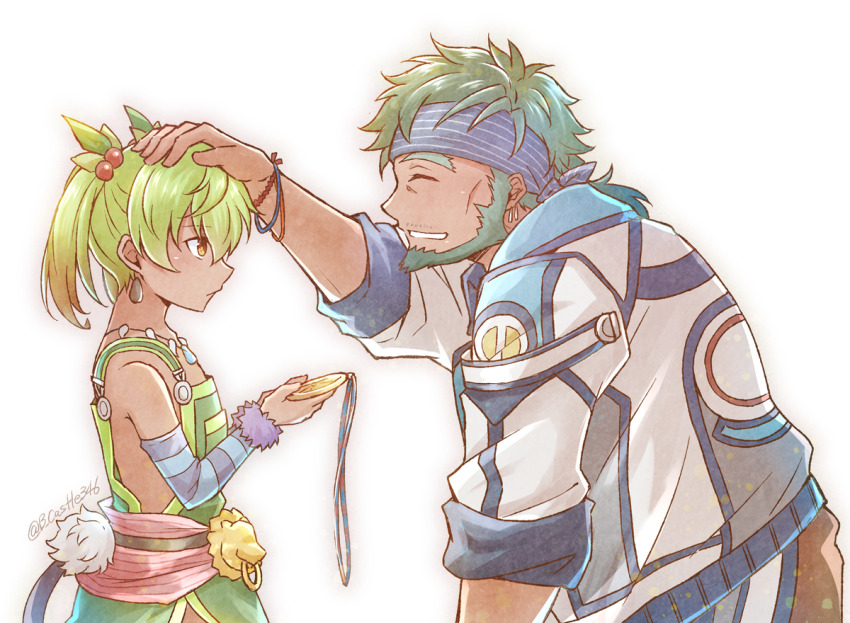 1boy 1girl aqua_hair beard blue_sleeves bracelet brown_eyes brown_hair brown_pants closed_eyes detached_sleeves earrings facial_hair falcom from_side fur-trimmed_sleeves fur_trim gradient_hair green_facial_hair green_hair green_overalls grin headpat holding jacket jewelry leaning_forward mishiro_(andante) multicolored_hair necklace overalls pants profile ricotta_beldine sahad_nautilus short_hair simple_background sleeves_rolled_up smile standing striped_sleeves twitter_username white_background white_jacket ys ys_viii:_lacrimosa_of_dana