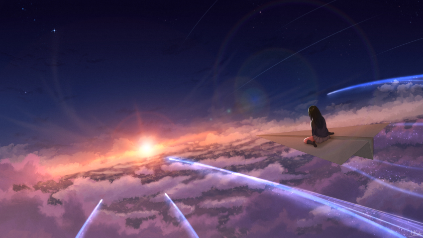 1girl above_clouds absurdres artist_name black_hair black_socks chinese_commentary cloud commentary_request diffraction_spikes dusk dutch_angle fantasy flying grey_sweater highres hkcutie horizon kneehighs lens_flare long_hair magic miniskirt night night_sky no_shoes original outdoors paper_airplane pleated_skirt scenery signature sitting skirt sky socks solo star_(sky) starry_sky straight_hair sun sun_halo sunset sweater wariza white_skirt wide_shot