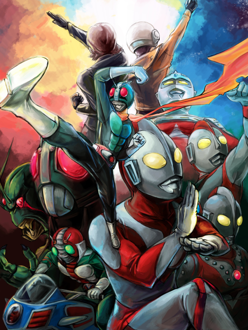 1970s_(style) 6+boys absurdres antennae belt boots compound_eyes gloves glowing glowing_eyes hayata_shin helmet henshin highres hongou_takeshi hurricane_(kamen_rider) kamen_rider kamen_rider_(1st_series) kamen_rider_1 kamen_rider_black_rx kamen_rider_black_rx_(series) kamen_rider_shin kamen_rider_v3 kamen_rider_v3_(series) kicking male_focus motor_vehicle motorcycle multiple_boys oldschool polyacryla retro_artstyle scarf shin_kamen_rider_prologue ultra_series ultraman ultraman_(1st_series) ultraman_80 ultraman_80_(series) ultraman_vs._kamen_rider ultraseven ultraseven_(series) vehicle zoffy_(shin)