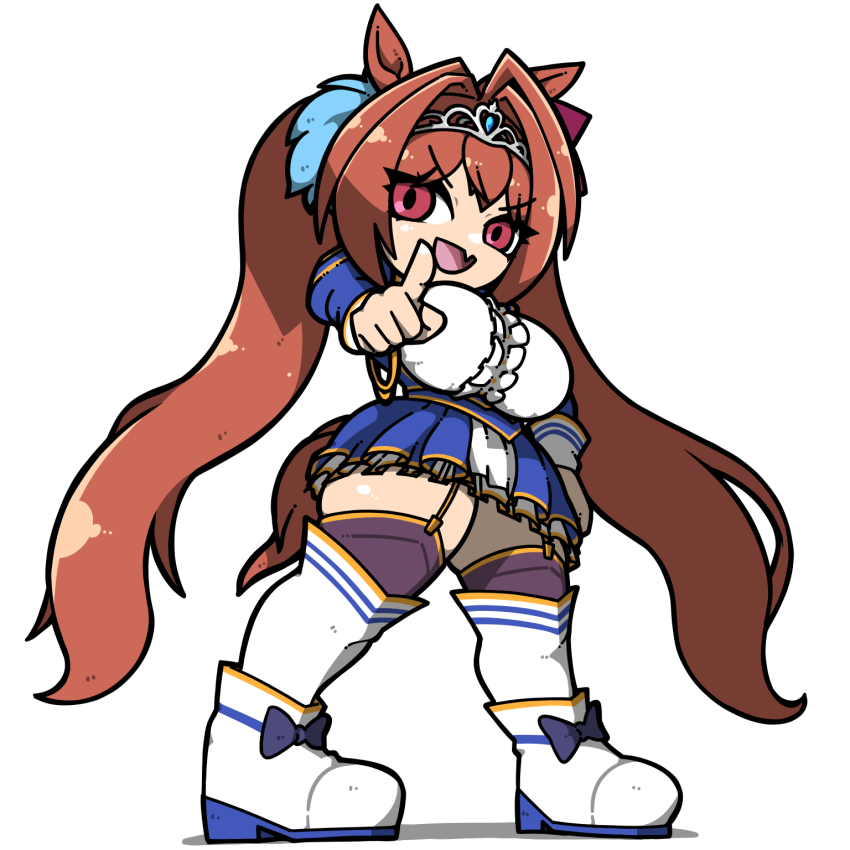 1girl :d ahoge animal_ears blue_bow bow breasts brown_hair brown_tail center_frills daiwa_scarlet_(umamusume) fang footwear_bow frills full_body garter_straps hair_intakes highres horse_ears horse_girl horse_tail index_finger_raised large_breasts legs_apart long_hair name_omoitukan2 open_mouth purple_thighhighs red_eyes shadow shiny_skin simple_background skin_fang smile solo standing tail thick_lineart thighhighs tiara twintails umamusume v-shaped_eyebrows very_long_hair white_background white_footwear zettai_ryouiki