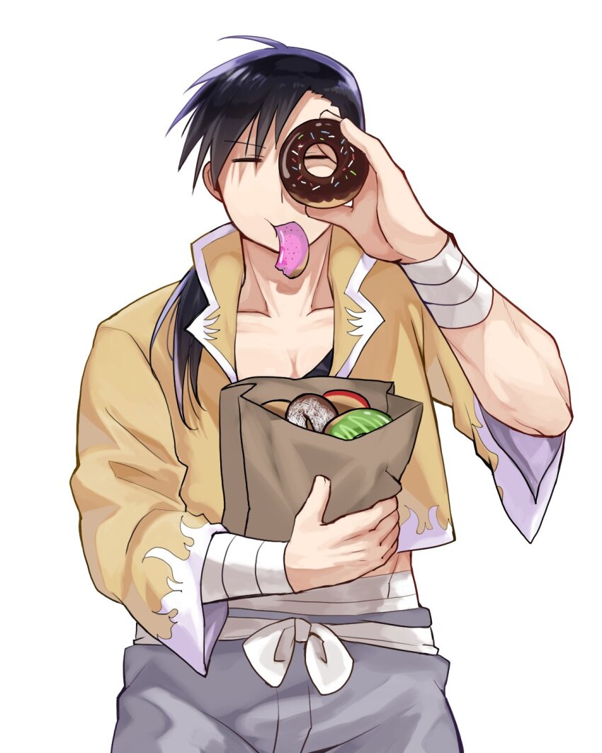 1boy bag bandaged_arm bandages black_hair closed_eyes cowboy_shot donut food food_in_mouth fullmetal_alchemist grey_pants highres holding holding_bag holding_food huyuyuyuyu27 ling_yao long_hair looking_through_donut pants paper_bag ponytail shirt simple_background solo white_background wide_sleeves yellow_shirt