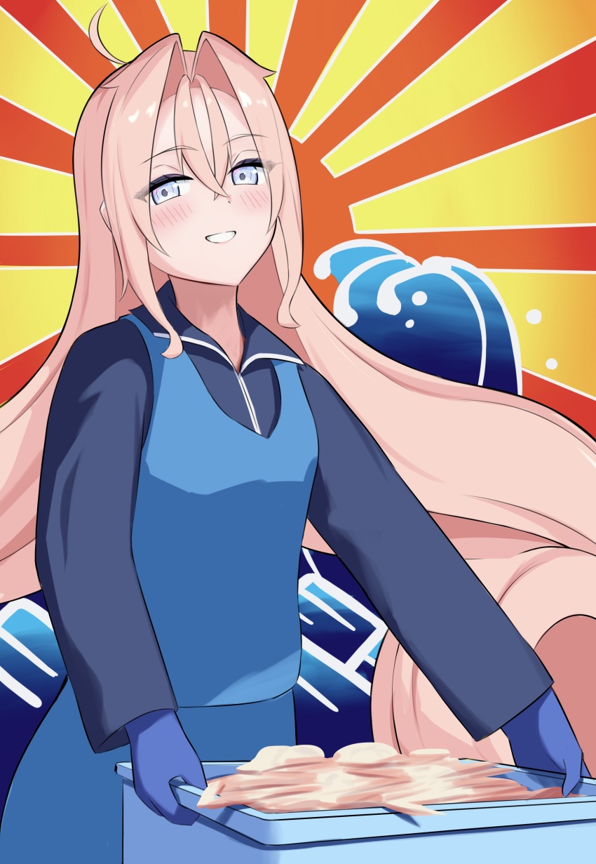 1girl absurdres ahoge alternate_costume apron blue_apron blue_gloves blue_shirt box drum_(kancolle) food gloves grey_eyes hair_between_eyes hair_rings highres kantai_collection l_meet long_hair parted_lips pink_hair shirt smile solo sun waves